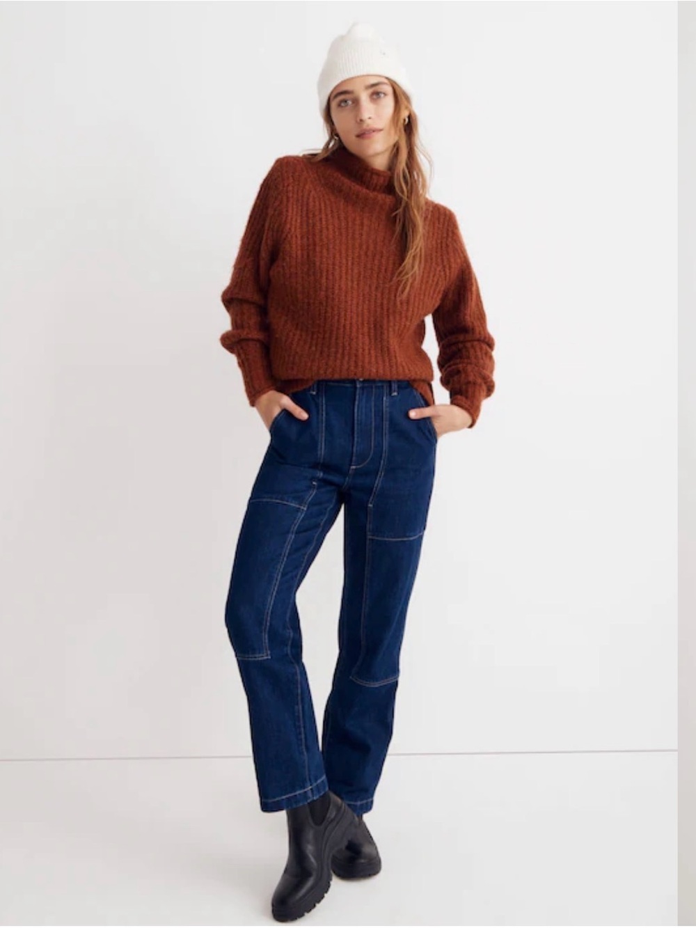 Madewell Loretto Wool Blend Mockneck Pullover Slouchy Oversized Rust Sweater XS